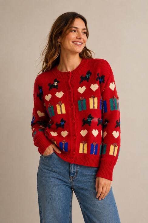 Vintage Sweaters - Vintage Preview Basics Red Wool Christmas Cardigan Scottie Dog Hearts Gifts S